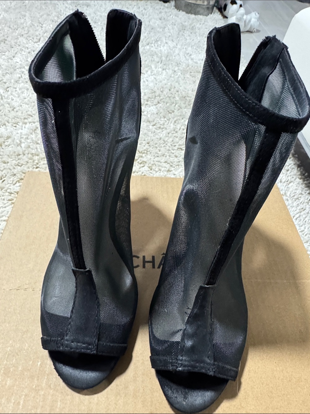 Le Chateau Black Mesh Peep-Toe Boots w/ rhinestone heels - Women